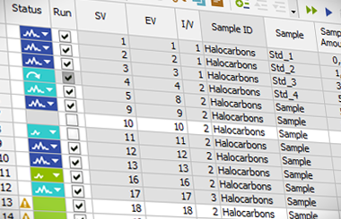 The Sequence table can be easily edited, using the fill down the user can easily compose the sequence with many injections. The status of each row is indicated by the colored symbols.