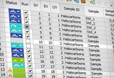 The Sequence table can be easily edited, using the fill down the user can easily compose the sequence with many injections. The status of each row is indicated by the colored symbols.