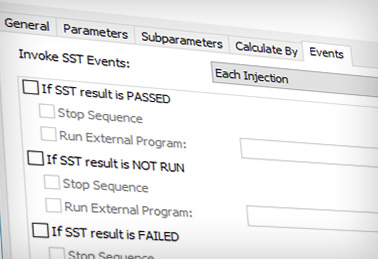The SST can fire specified events such Stopping the running Sequence or running an external program (e.g. sending a predefined Email to Administrator) depending on the SST Results.
